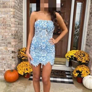 Rachel Allan Strapless Blue Floral Dress